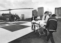Flown from a distant location, Jim Matilla is rushed to the ER from the Harborview helipad. 