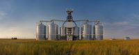 Grain elevators east of Nashua near Frazer Lake along US Route 2 in eastern Montana